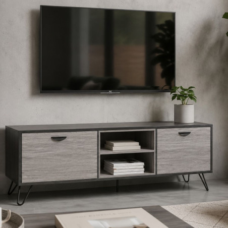 Meuble TV 2 portes 2 niches 180cm bois grisé et noir - SLOPE