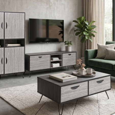 Meuble TV 2 portes 2 niches 180cm bois grisé et noir - SLOPE