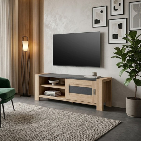 Meuble TV 1 porte coulissante chêne et gris ardoise - SELENE