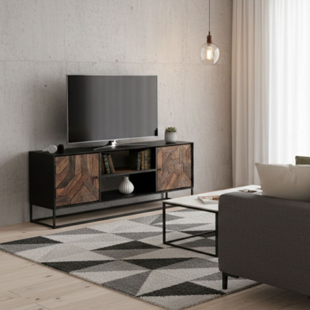 Meuble TV 2 portes 2 niches en métal noir et bois recyclé - JORDIA