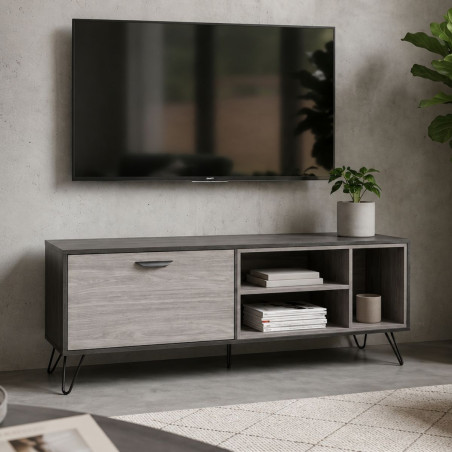 Meuble TV 1 porte 3 niches 150 cm bois grisé et noir - SLOPE