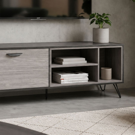 Meuble TV 1 porte 3 niches 150 cm bois grisé et noir - SLOPE