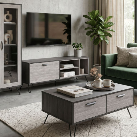 Meuble TV 1 porte 3 niches 150 cm bois grisé et noir - SLOPE