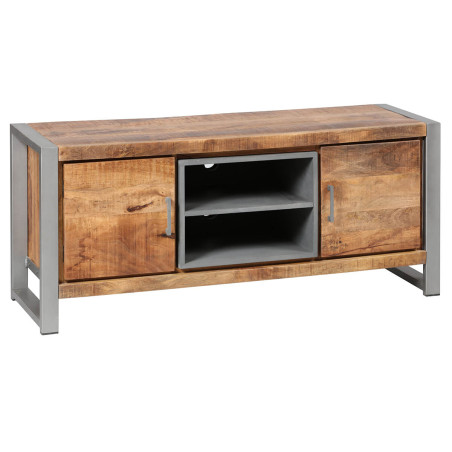 Meuble TV 2 portes en bois massif recyclé et acier patiné - MANGOVROR