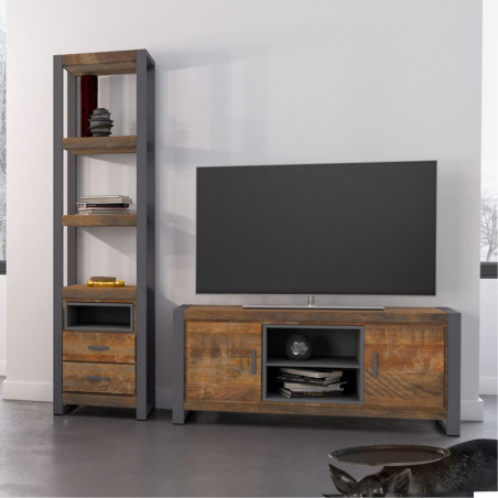 Meuble TV 2 portes en bois massif recyclé et acier patiné - MANGOVROR