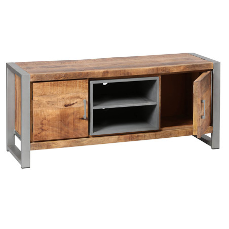Meuble TV 2 portes en bois massif recyclé et acier patiné - MANGOVROR