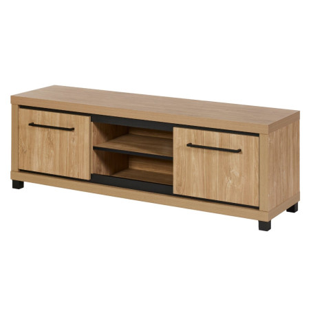 Meuble TV 2 portes 2 niches bois Houston Oak poignées métal noires - VYSIAL