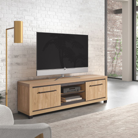Meuble TV 2 portes 2 niches bois Houston Oak poignées métal noires - VYSIAL