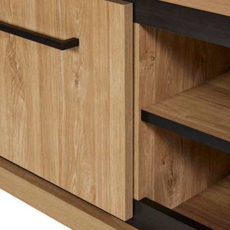 Meuble TV 2 portes 2 niches bois Houston Oak poignées métal noires - VYSIAL