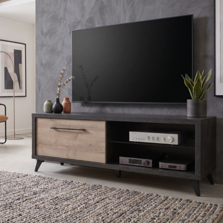 Meuble TV 1 tiroir 2 niches béton anthracite et bois - HANNA