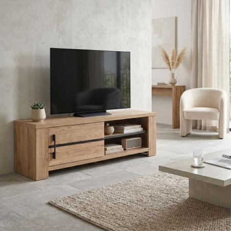 Meuble TV 1 porte coulissante chêne naturel et noir mat - ARCVIK