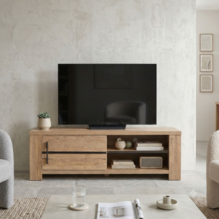 Meuble TV 1 porte coulissante chêne naturel et noir mat - ARCVIK