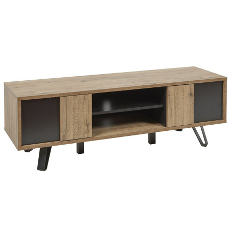 Meuble TV 2 portes 2 niches chêne miel et noir mat - CELINE