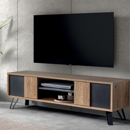 Meuble TV 2 portes 2 niches chêne miel et noir mat - CELINE