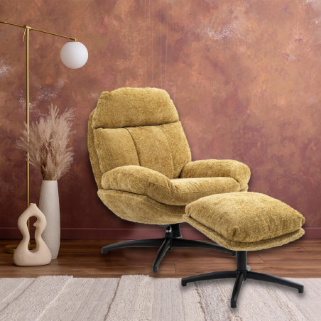 Fauteuil pivotant inclinable avec repose-pieds tissu jaune - LOMIA