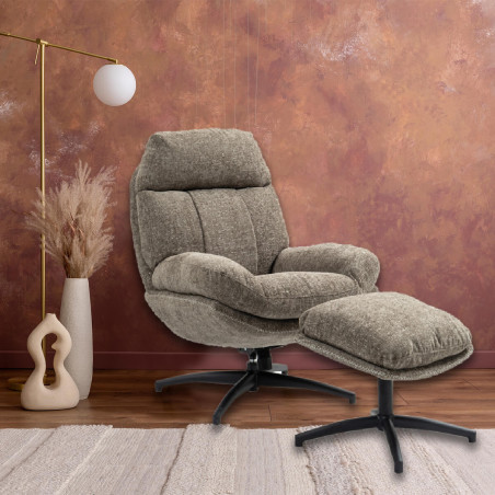 Fauteuil pivotant inclinaison réglable avec repose pieds tissu brun - LOMIA