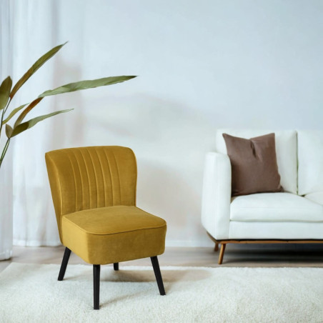 Fauteuil tissu velours jaune moutarde pieds bois noirs - JOSEPHOR