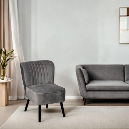 Fauteuil tissu velours gris pieds bois noirs - JOSEPHOR