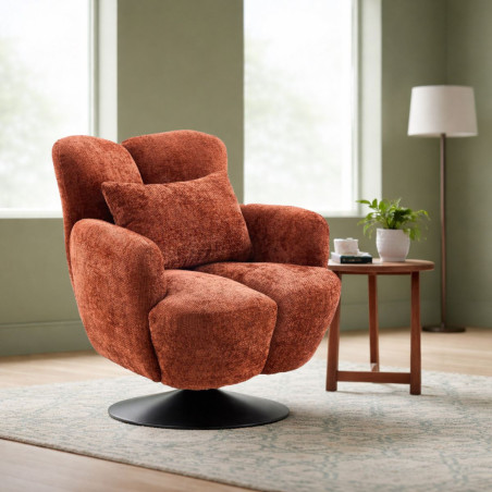 Fauteuil lounge pivotant tissu terracotta métal noir - GOTHAMOR