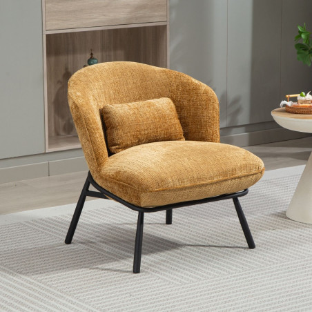 Fauteuil lounge tissu chenillé jaune moutarde métal noir - GASBYOR