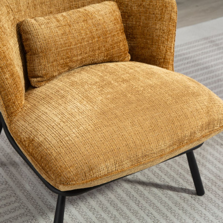 Fauteuil lounge tissu chenillé jaune moutarde métal noir - GASBYOR