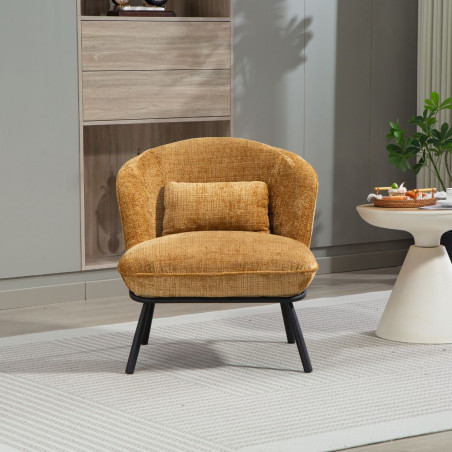 Fauteuil lounge tissu chenillé jaune moutarde métal noir - GASBYOR