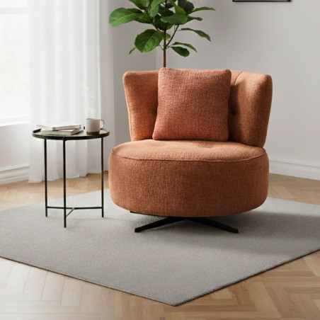 Fauteuil lounge pivotant tissu terracotta et coussin - MIRAGOR