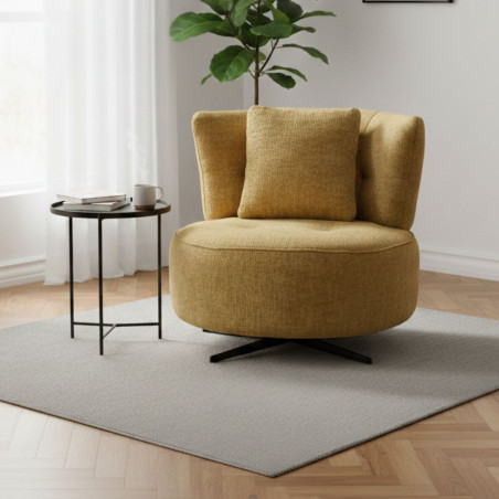 Fauteuil lounge pivotant tissu jaune moutarde et coussin - MIRAGOR