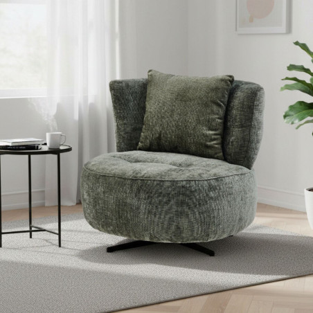Fauteuil lounge pivotant tissu vert et coussin - MIRAGOR