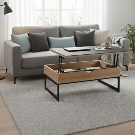 Table basse relevable MDF chêne et céramique pieds métal - DUPLEXOR