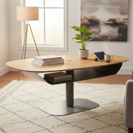 Table basse réglable en hauteur MDF chêne clair métal noir - ELEVOR