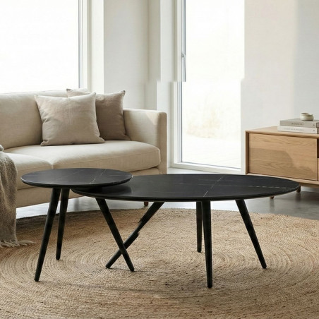 Lot de 2 tables basses plateau céramique noir marbré - SHADOWOR