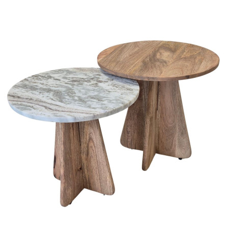 Lot 2 tables basses rondes acacia et marbre - OASISOR