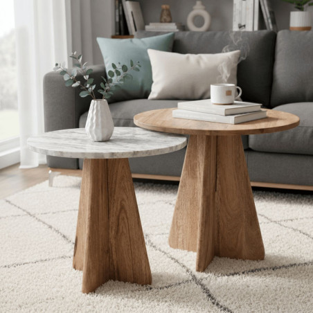 Lot 2 tables basses rondes acacia et marbre - OASISOR