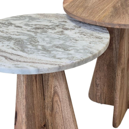 Lot 2 tables basses rondes acacia et marbre - OASISOR