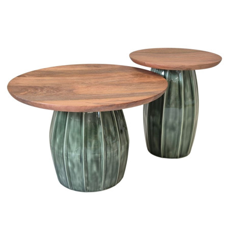 Lot de 2 tables basses rondes en acacia et acier émaillé - JADEOR
