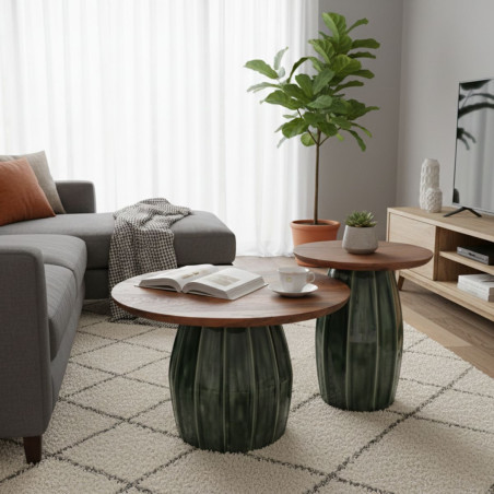 Lot de 2 tables basses rondes en acacia et acier émaillé - JADEOR