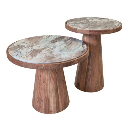 Lot de 2 tables basses rondes en acacia et marbre - NESTIOR