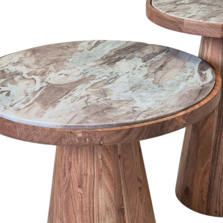 Lot de 2 tables basses rondes en acacia et marbre - NESTIOR