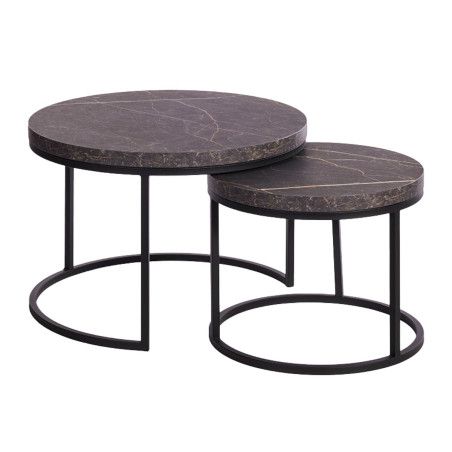 Table basse gigogne aspect bois marbre noir métal - MARMOLOR