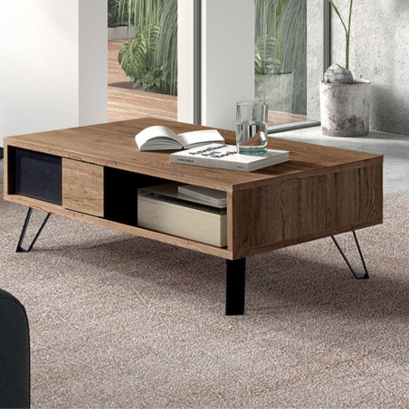 Table basse 1 tiroir chêne miel et noir mat - CELINE