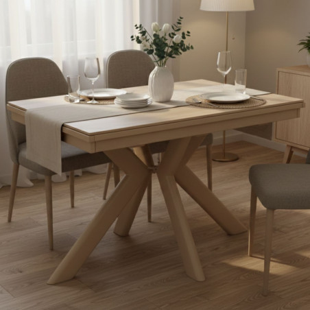 Table repas allongeable 120x80cm verre céramique chêne sable - XENONOR